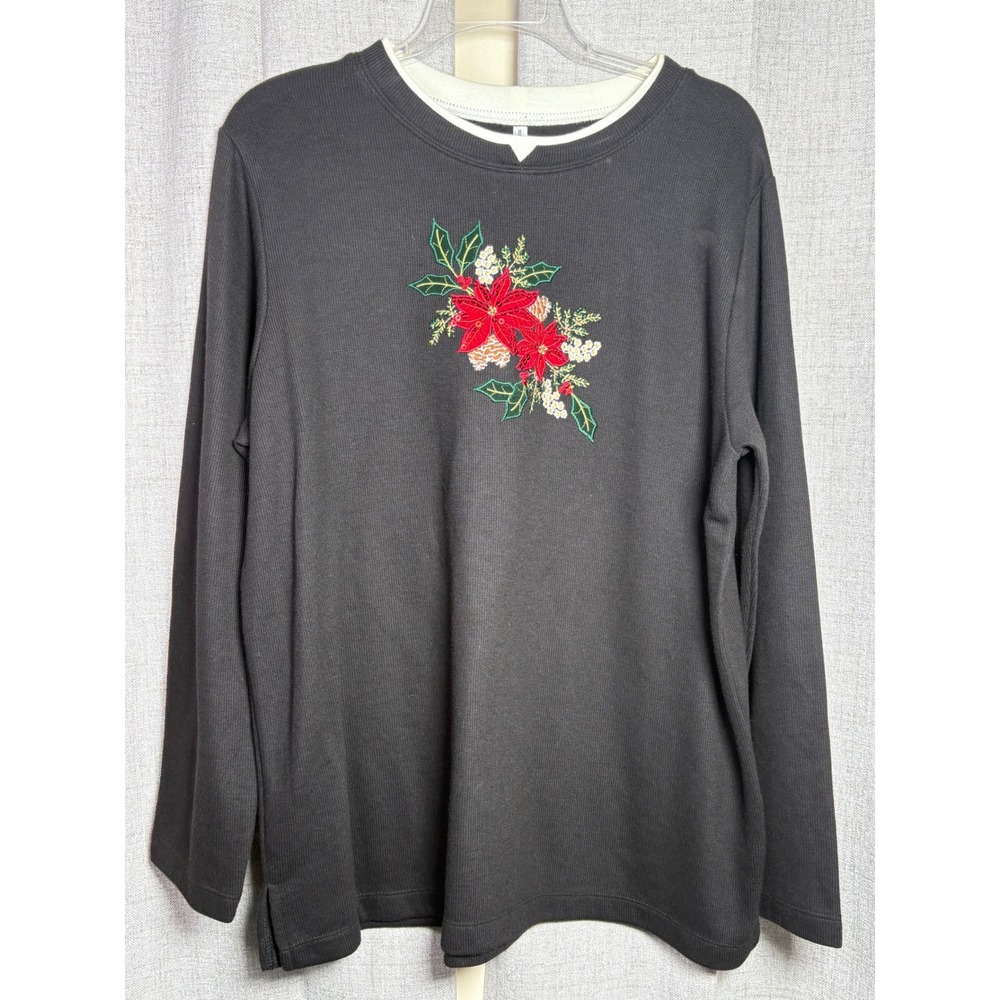 White Stag Womens L Black Poinsettia Embroidered Ribbed Long Sleeve Top WS512276